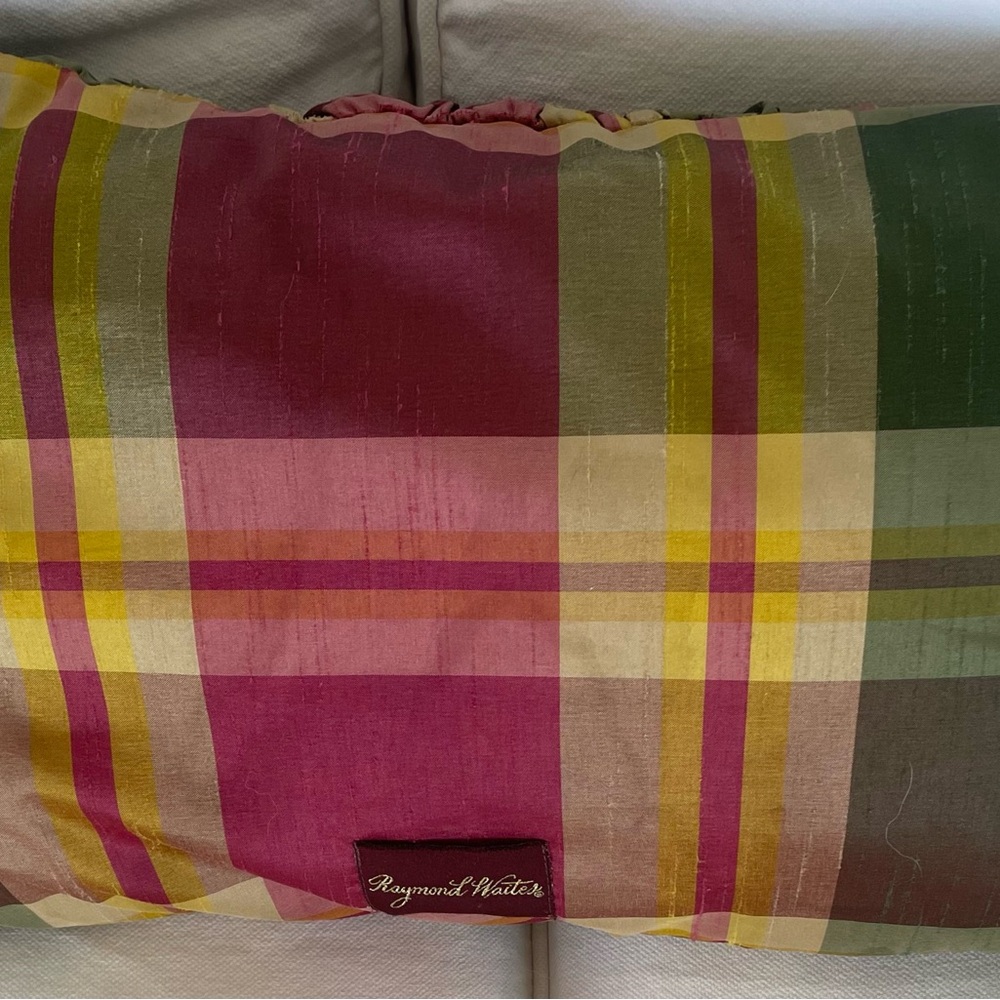 Raymond Waites Pillow Raw Silk Pink & Green Plaid Decorative Preppy - Picture 3 of 6